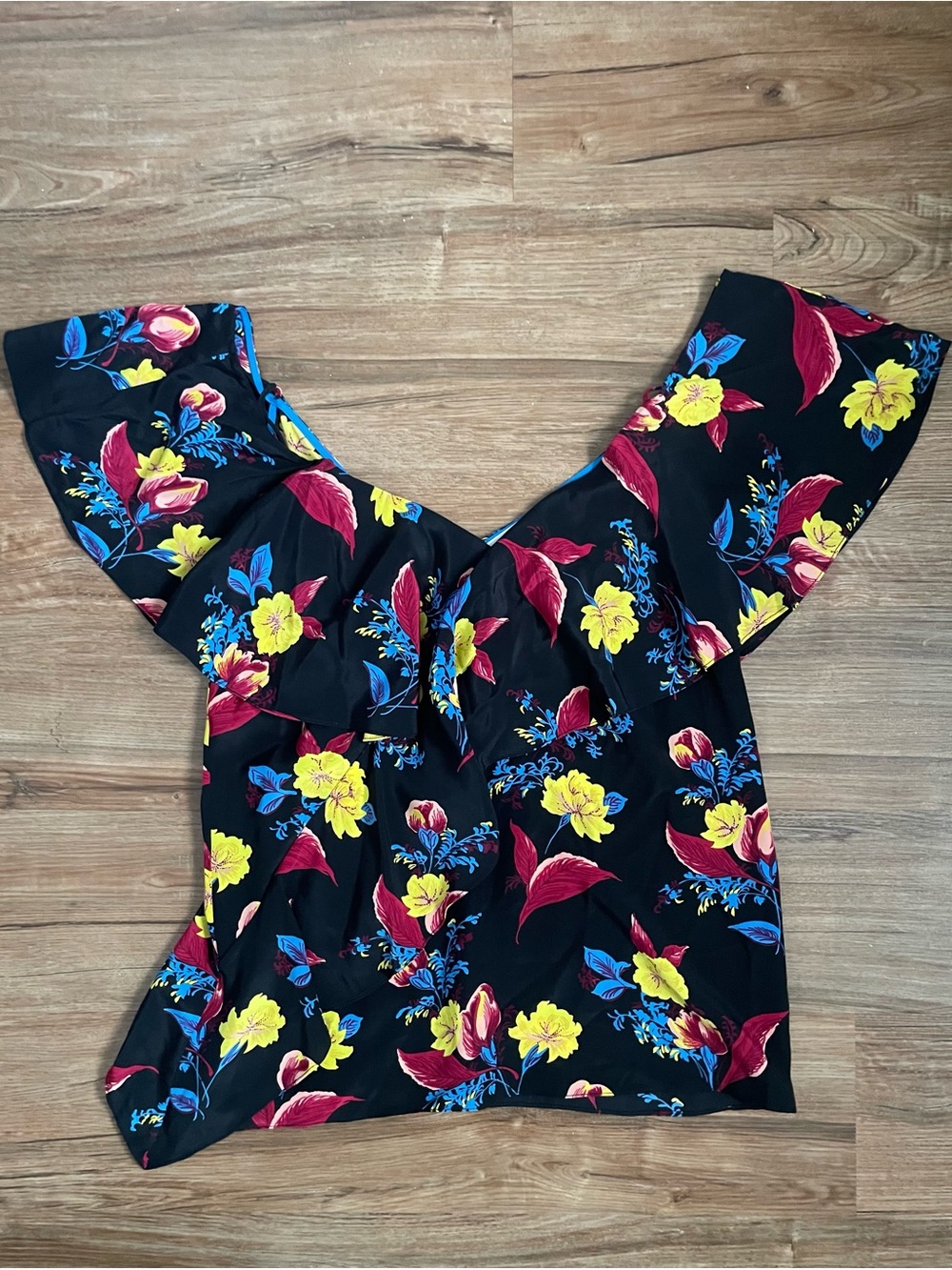 Diane Von Furstenberg Black Off-Shoulder Top with Yellow & Red Floral Print